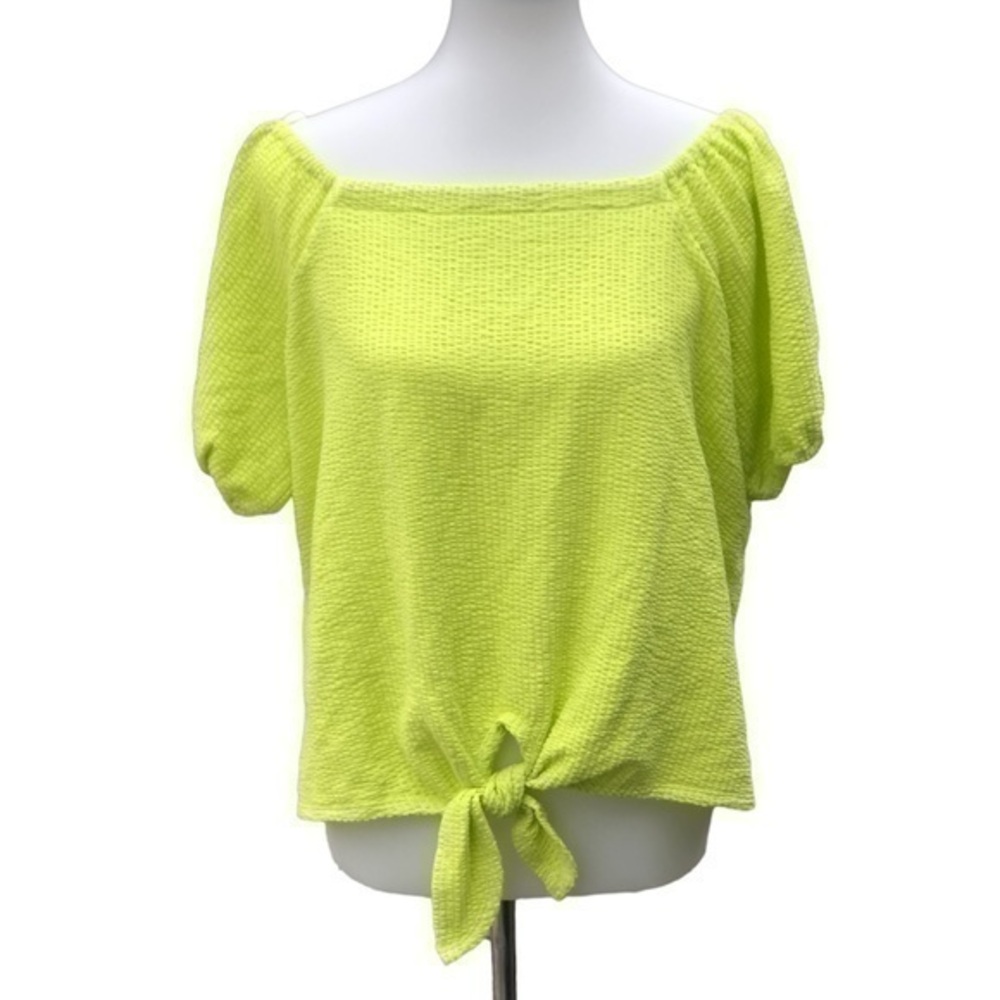 Neon green short sleeve tie front top